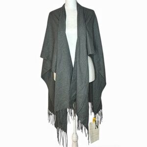 Ann Taylor Women OS Gray Poncho Knit Fringed Cape Cardigan Shrug